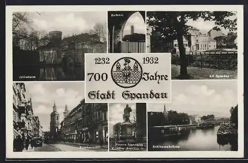 AK Berlin-Spandau, 700 Jahre Stadt Spandau 1232-1932, Potsdamerstrasse mit Geschäften, Rathaus, Schleusenbrücke