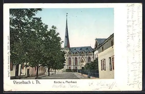 Goldfenster-AK Vieselbach i. Th., Kirche und Pfarrhaus