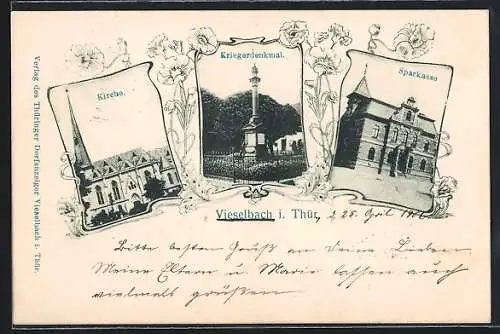 AK Vieselbach i. Thür., Sparkasse, Kirche, Kriegerdenkmal