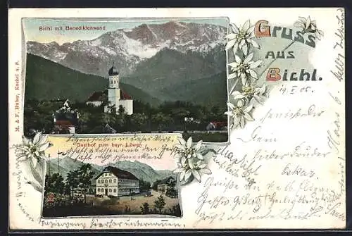 AK Bichl, Gasthof zum bayrischen Löwen, Kirche mit Benediktenwand