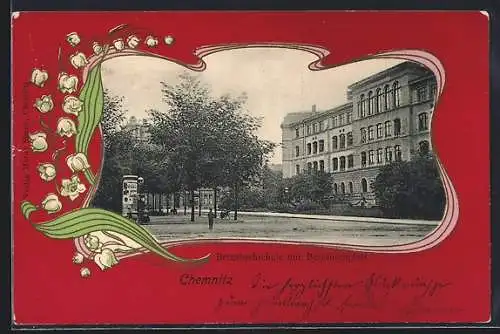Lithographie Chemnitz, Bernsbachschule mit Bernsbachplatz, Maiglöckchen, Passepartout