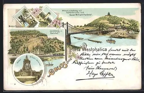 Lithographie Porta Westphalica, Wittekindsberg mit Kettenbrücke und Kaiser Wilhelm-Denkmal, Jacobsberg mit Bahnhof