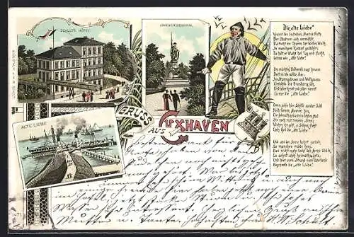 Lithographie Cuxhaven, Hotel Schult, Alte Liebe, Krieger-Denkmal
