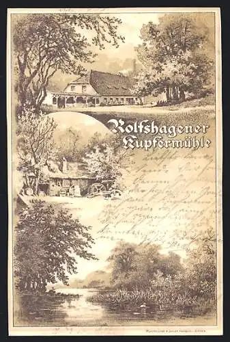 Lithographie Rolfshagen, Blick zur Kupfermühle, Flusspartie