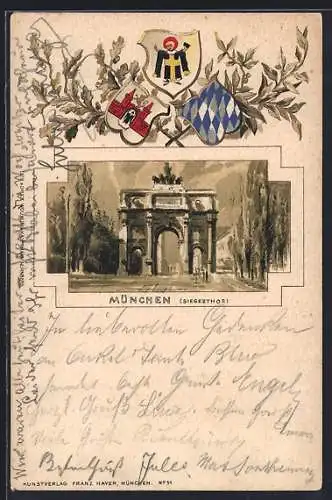 Passepartout-Lithographie München, Siegesthor, Stadt-Wappen