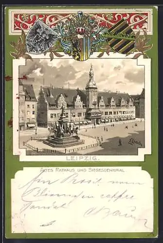 Passepartout-Lithographie Leipzig, Altes Rathaus und Siegesdenkmal