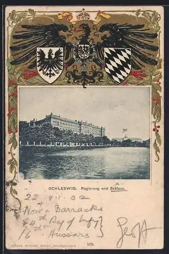 Passepartout-Lithographie Schleswig, Regierung und Schloss, Wappen