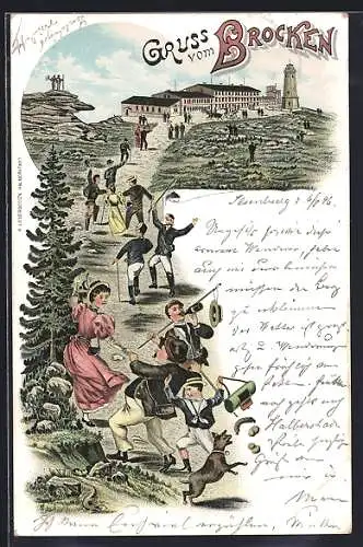 Lithographie Brocken, Hotel mit Aussichtsturm, Passanten laufen zum Hotel