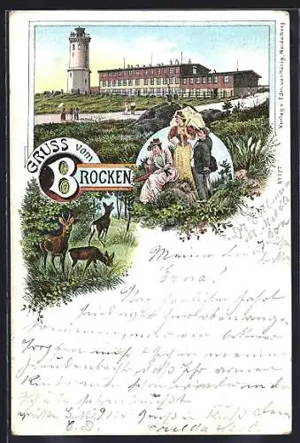 Vorläufer-Lithographie Brocken, 1895, Gipfel mit Wanderern