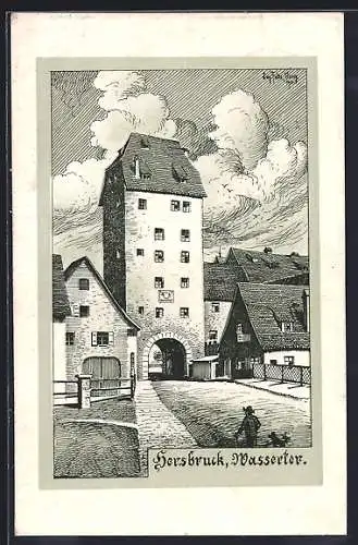 Künstler-AK Eugen Felle: Hersbruck, Wassertor mit Fussgänger und Hund