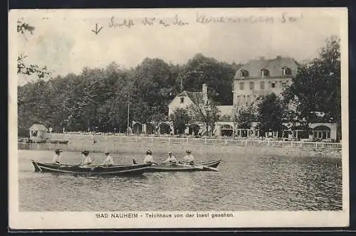 AK Bad Nauheim, Teichhaus von der Insel aus, mit Bootspartie