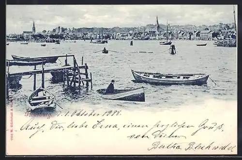 AK Flensburg, Ortspanorama von einem Bootssteg aus