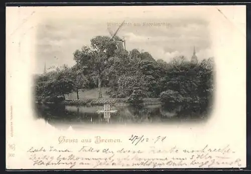 AK Bremen, Waldpartie am Heerdenthor, mit Windmühle
