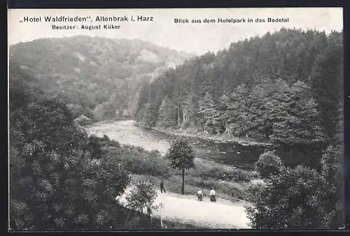 AK Altenbrak, Hotel Waldfrieden, Blick aus dem Hotelpark in das Bodetal