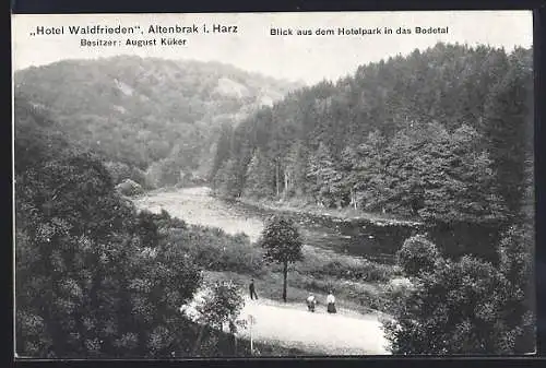 AK Altenbrak, Hotel Waldfrieden, Blick aus dem Hotelpark in das Bodetal