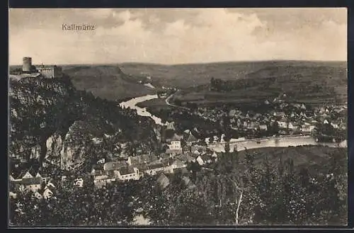 AK Kallmünz, Gesamtansicht mit Burg u. Fluss aus der Vogelschau