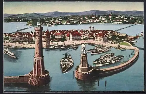 AK Lindau i. B., Gesamtansicht mit Hafen und Ufer aus der Vogelschau