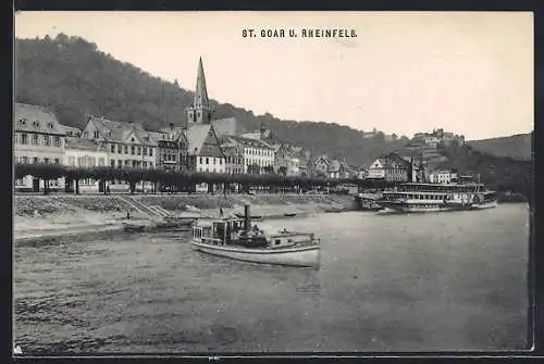 AK St. Goar, Uferpartie und Rheinfels mit Dampfern 1913