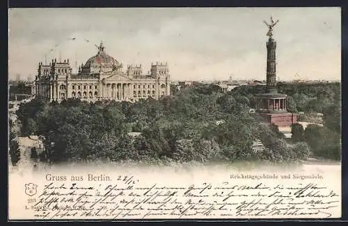 AK Berlin, Reichstagsgebäude und Siegessäule