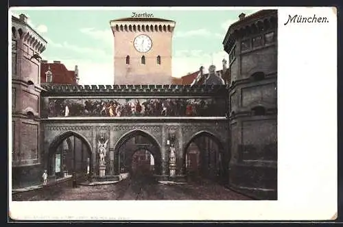 AK München, Isartor mit Strassenpartie