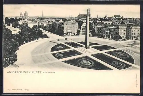 AK München, Carolinen-Platz mit Obelisk und Strassenpartien