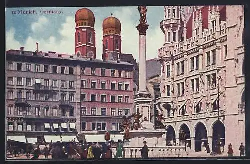 AK München, Marienplatz mit Denkmal und Kirche