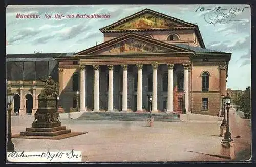 AK München, Königliches Hof- und Nationaltheater mit Denkmal