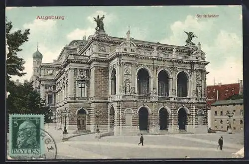 AK Augsburg, Stadttheater mit Strassenpartie