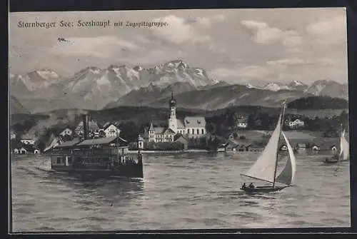 AK Seeshaupt / Starnberger See, Seeblick mit Dampfer zur Zugspitzgruppe