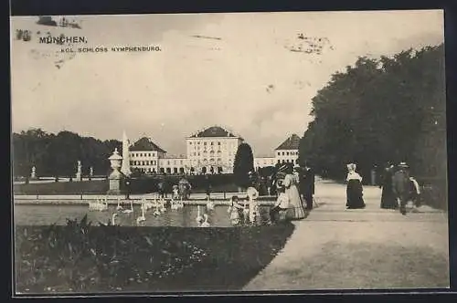 AK München, Kgl. Schloss Nymphenburg mit Schwanenteich