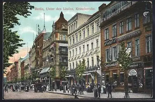 AK Berlin, Unter den Linden und Kranzlerecke mit Hotel und Geschäften