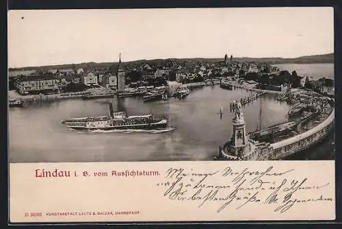 AK Lindau / Bodensee, Hafen mit Dampfer vom Leuchtturm gesehen