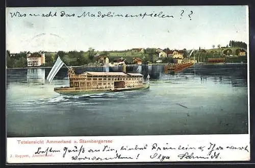 Lithographie Ammerland a. Starnbergersee, Boot Bavaria auf dem See