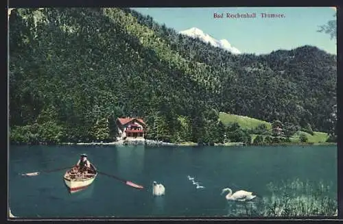 AK Bad Reichenhall, Blick auf den Thumsee mit Boot und Schwänen