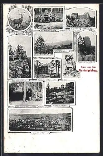 AK Bischofsgrün /Fichtelgebirge, Ortsansicht, Landschaften mit Weissmainquelle und Frau in Tracht