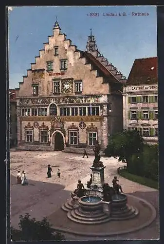 AK Lindau / Bodensee, Rathaus mit Brunnen