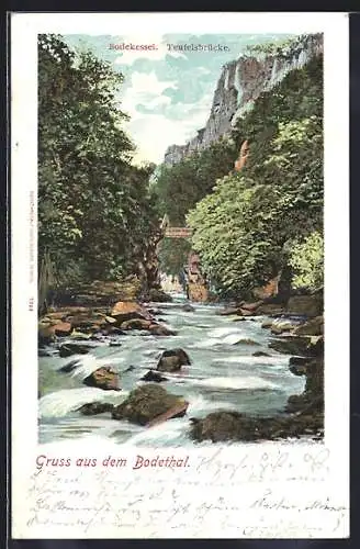 AK Bodekessel /Bodethal, Flusspartie mit Bodekessel und Teufelsbrücke