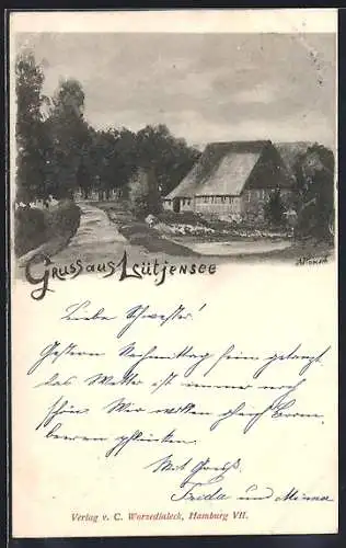Künstler-AK Lütjensee, Friesenhaus mit Allee