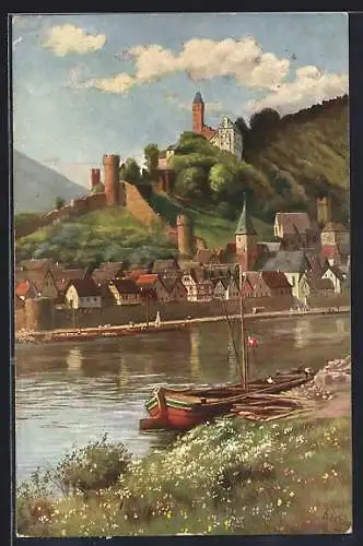Künstler-AK Hirschhorn / Neckar, Gesamtansicht mit Burgruine