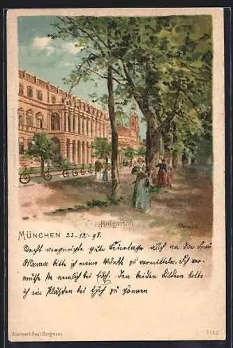 Künstler-AK Karl Heinisch: München, Hofgarten, Spaziergängerinnen, mit Blick auf Gebäude u. Strasse