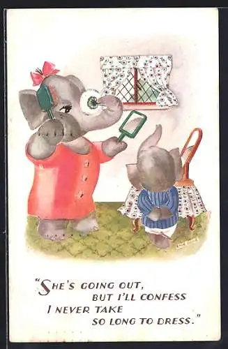 Künstler-AK She`s going out, but I`ll confess..., Elefantendame schminkt sich