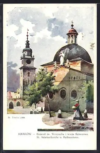 AK Kraków, St. Adalbertkirche und Rathausturm