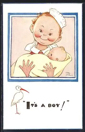 Künstler-AK Mabel Lucie Attwell: Mädchen mit Haube hält Baby im Arm, Storch, It`s a boy!