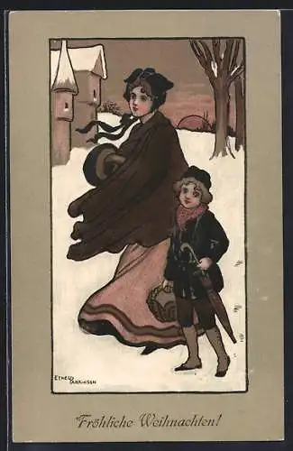 Künstler-AK Ethel Parkinson: Junges Mädchen mit Muff und Knabe mit Korb im Schnee, Weihnachtsgruss