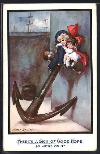 Künstler-AK Fred Spurgin: Kleines Paar umarmt sich auf einem riesigen Anker