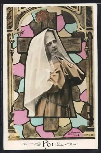 AK Foi, Glauben, Allegorie, Nonne, Mosaikfenster, Montage
