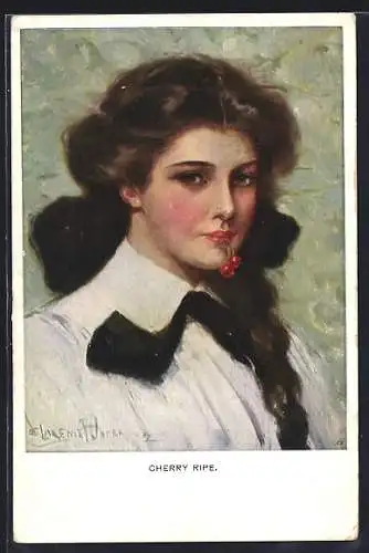 Künstler-AK Clarence F. Underwood: Junges Mädchen mit Kirschen im Mund