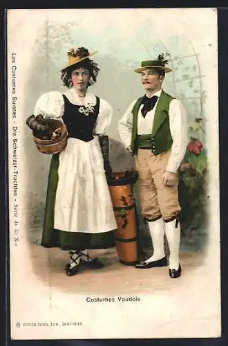 AK Costumes Vaudois, Schweizer Paar in Tracht