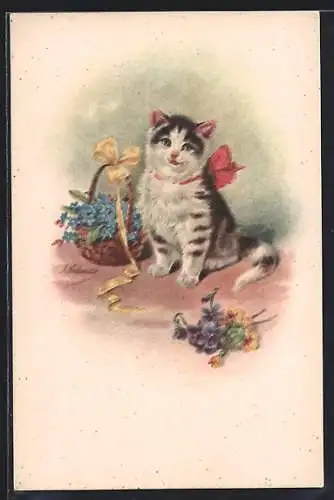 AK Getigerte Katze mit Schleife und Blumen