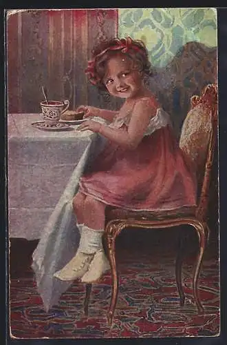 Künstler-AK Arno von Riesen: Was abhaben?, Mädchen beim Kuchen essen